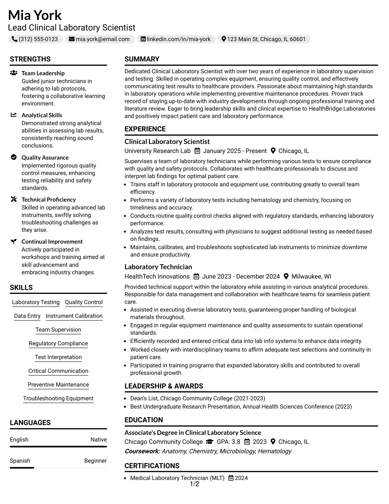 Resume Example Page 1