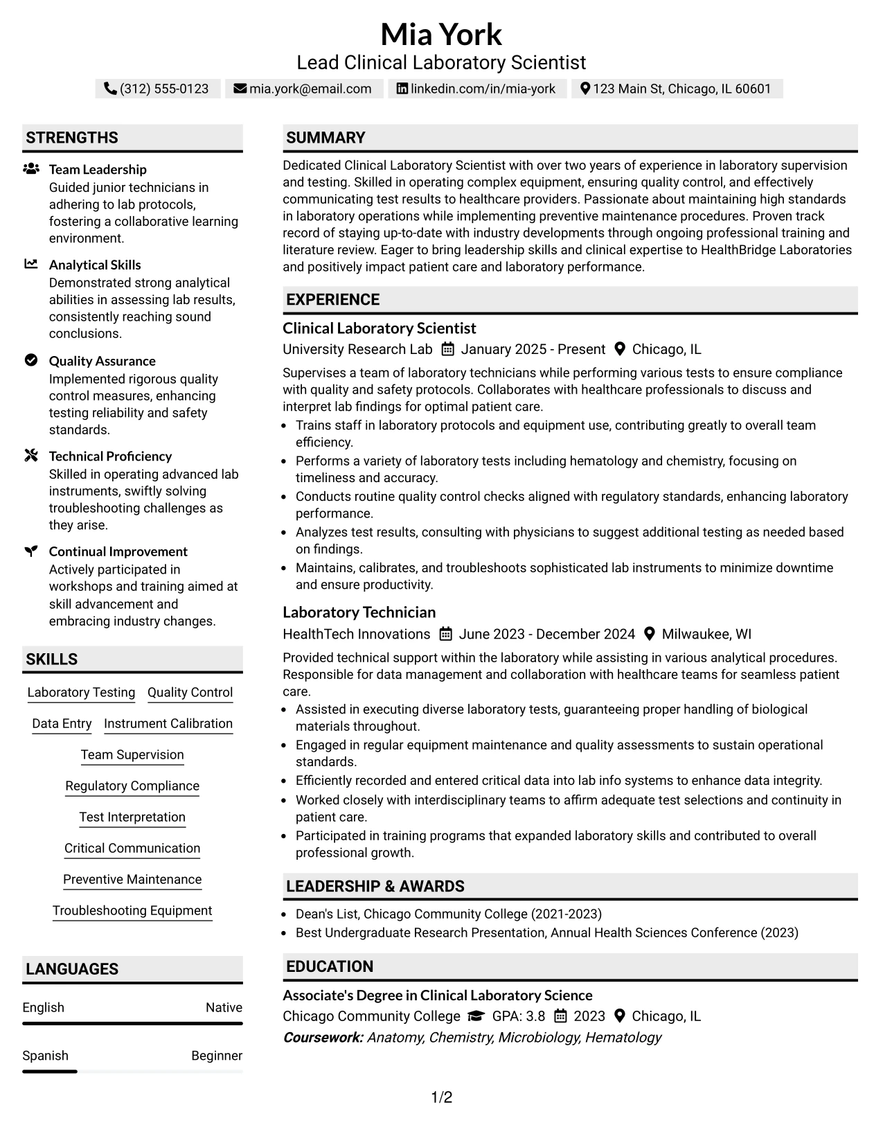 Resume Example Page 1