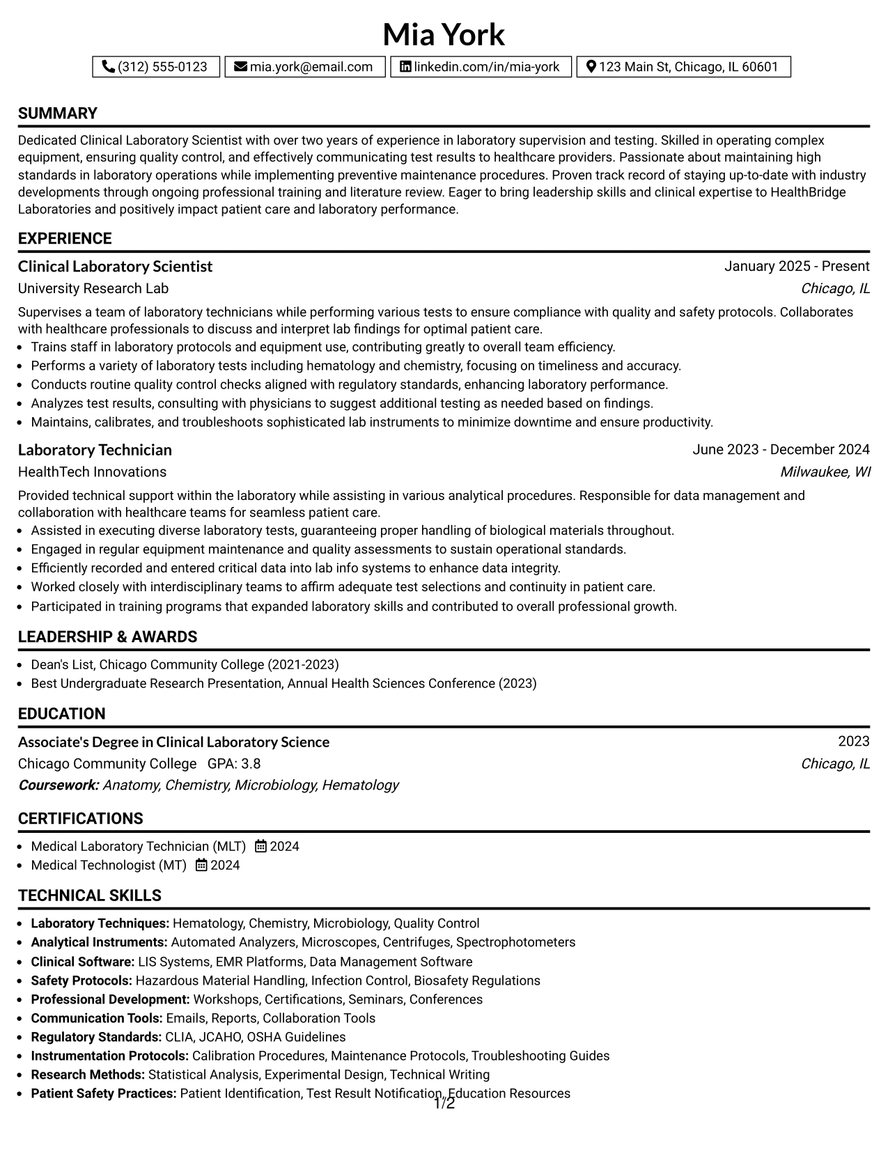 Resume Example Page 1