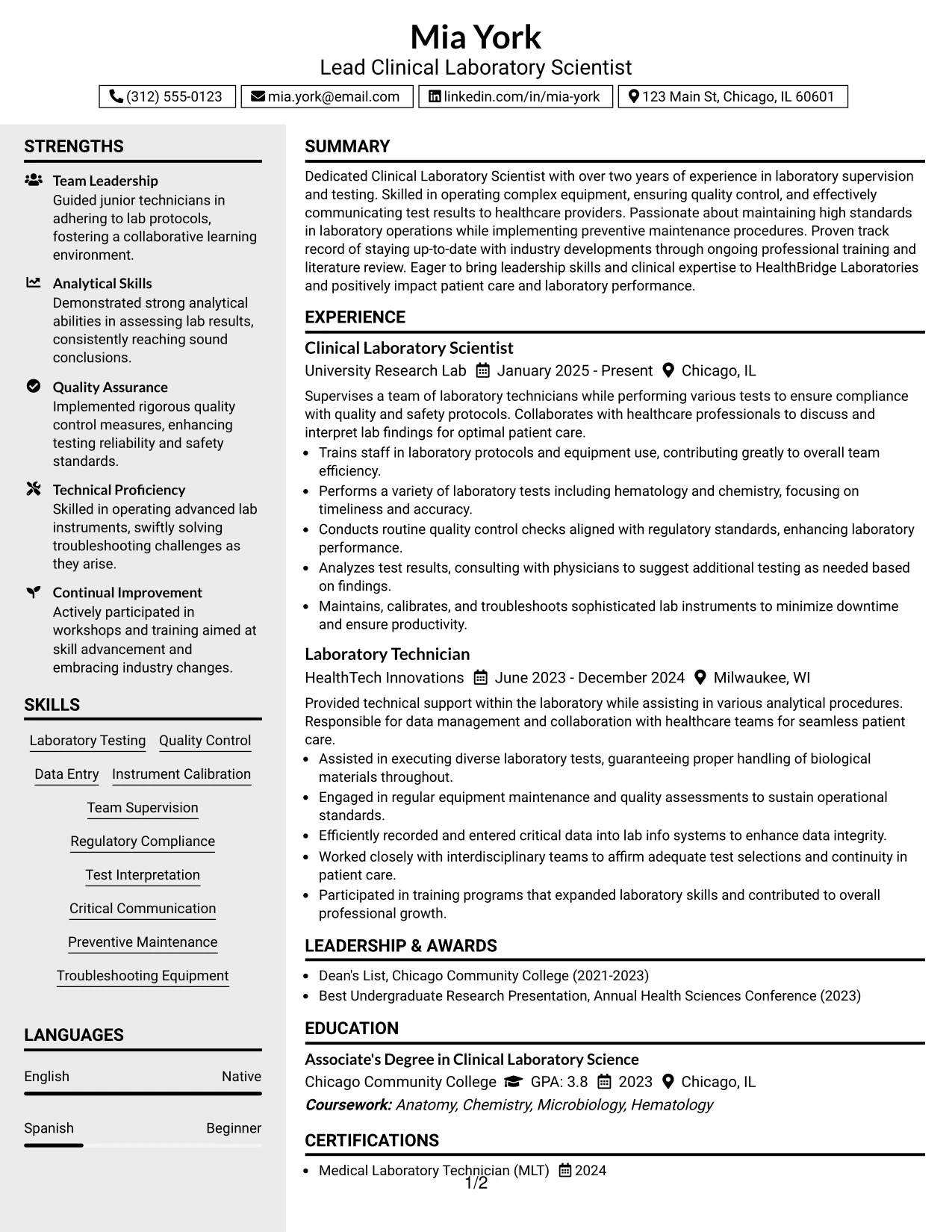 Resume Example Page 1
