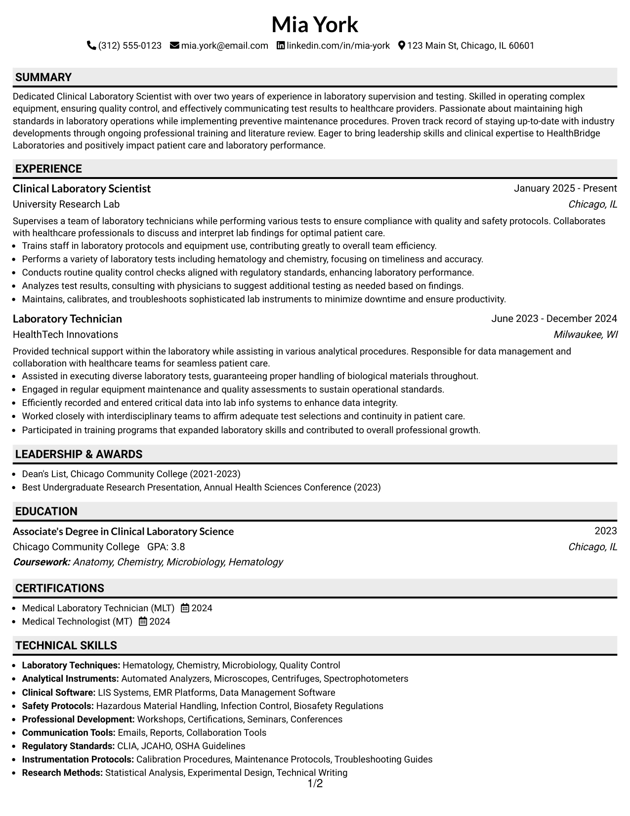 Resume Example Page 1