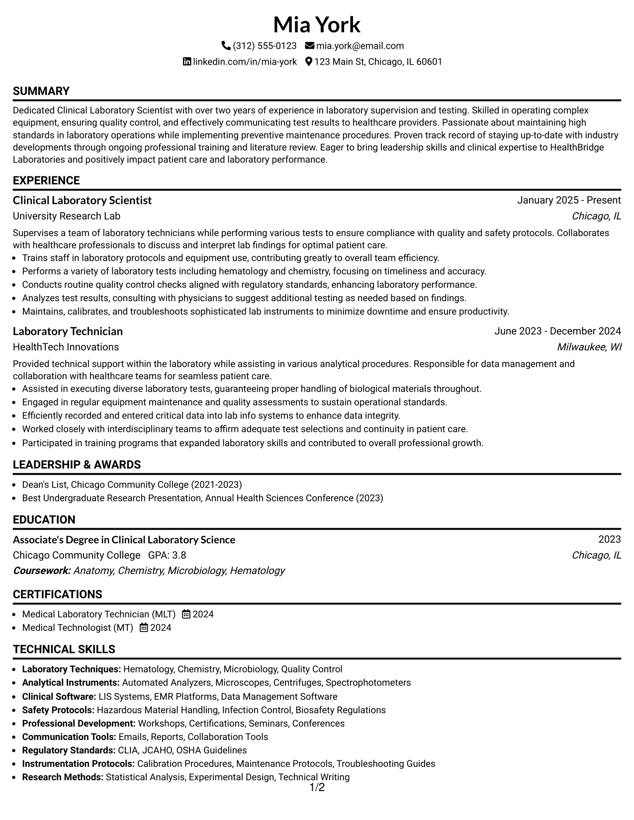 Resume Example Page 1