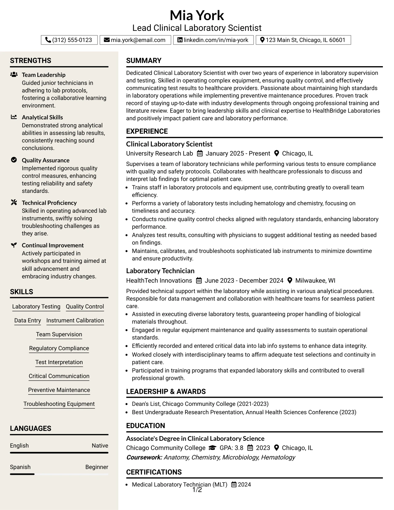 Resume Example Page 1