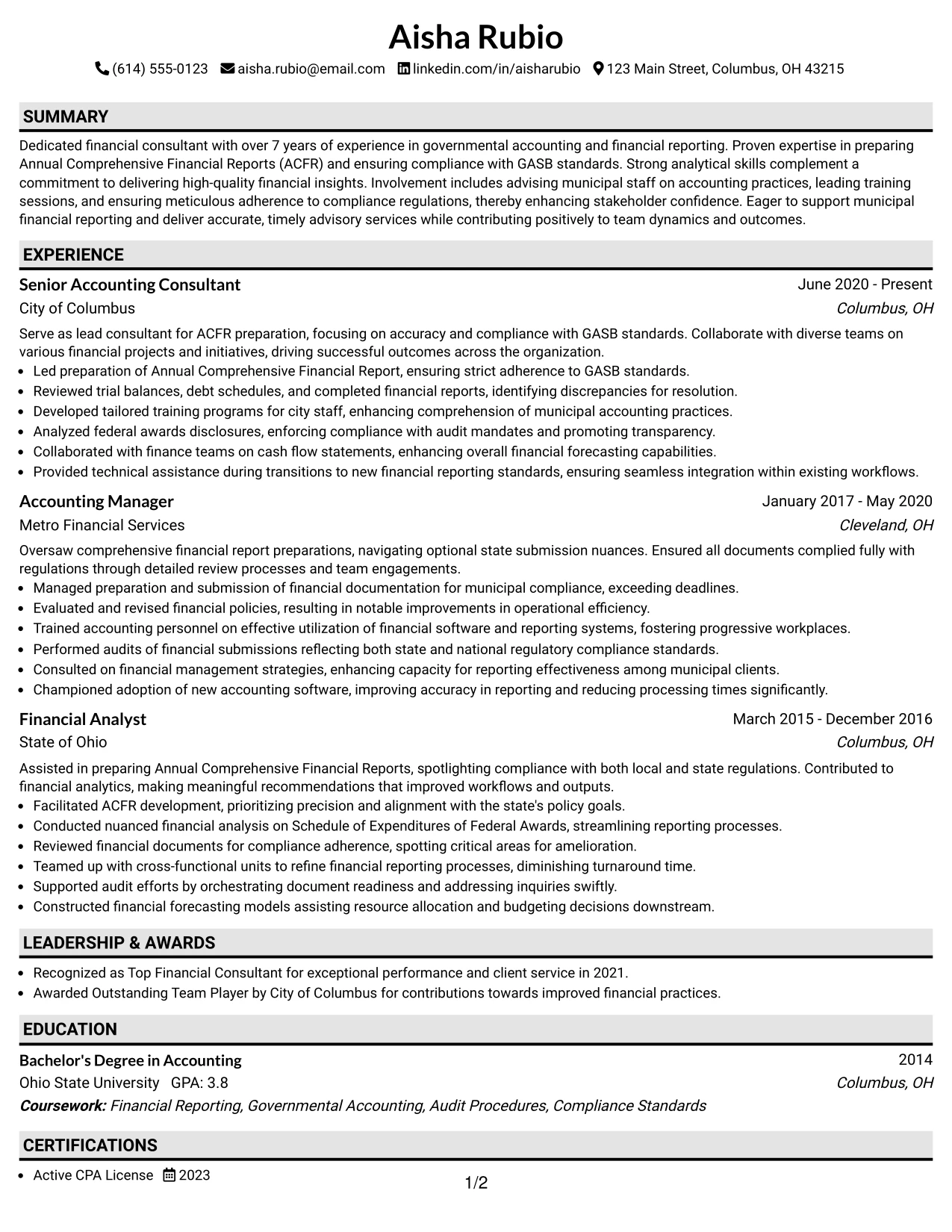 Resume Example Page 1