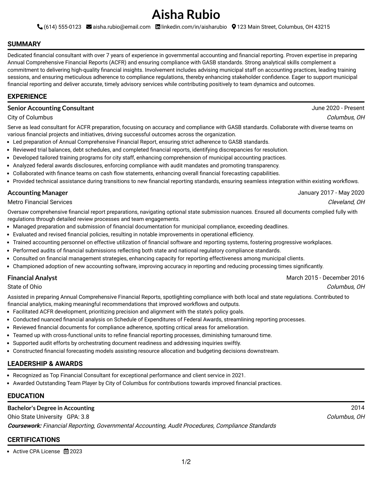 Resume Example Page 1