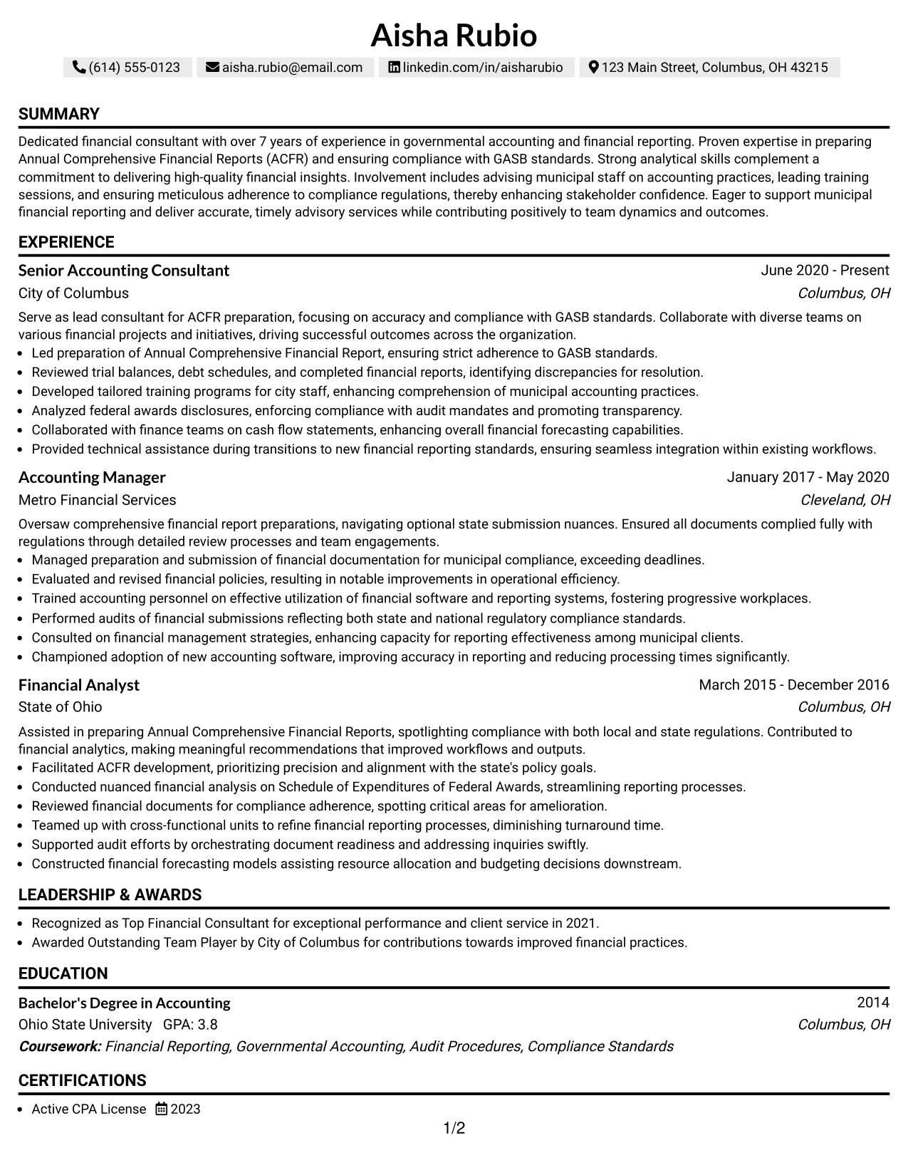 Resume Example Page 1