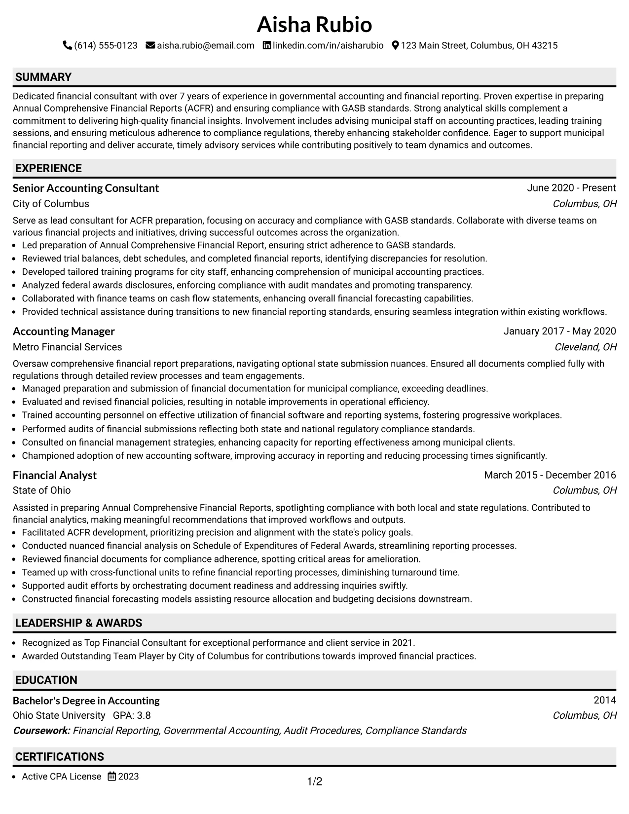 Resume Example Page 1