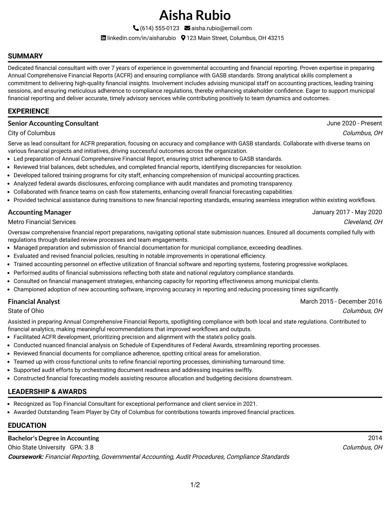 Resume Example Page 1