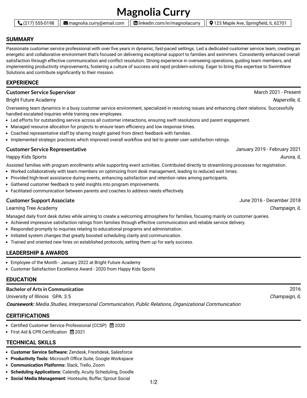 Resume Example Page 1