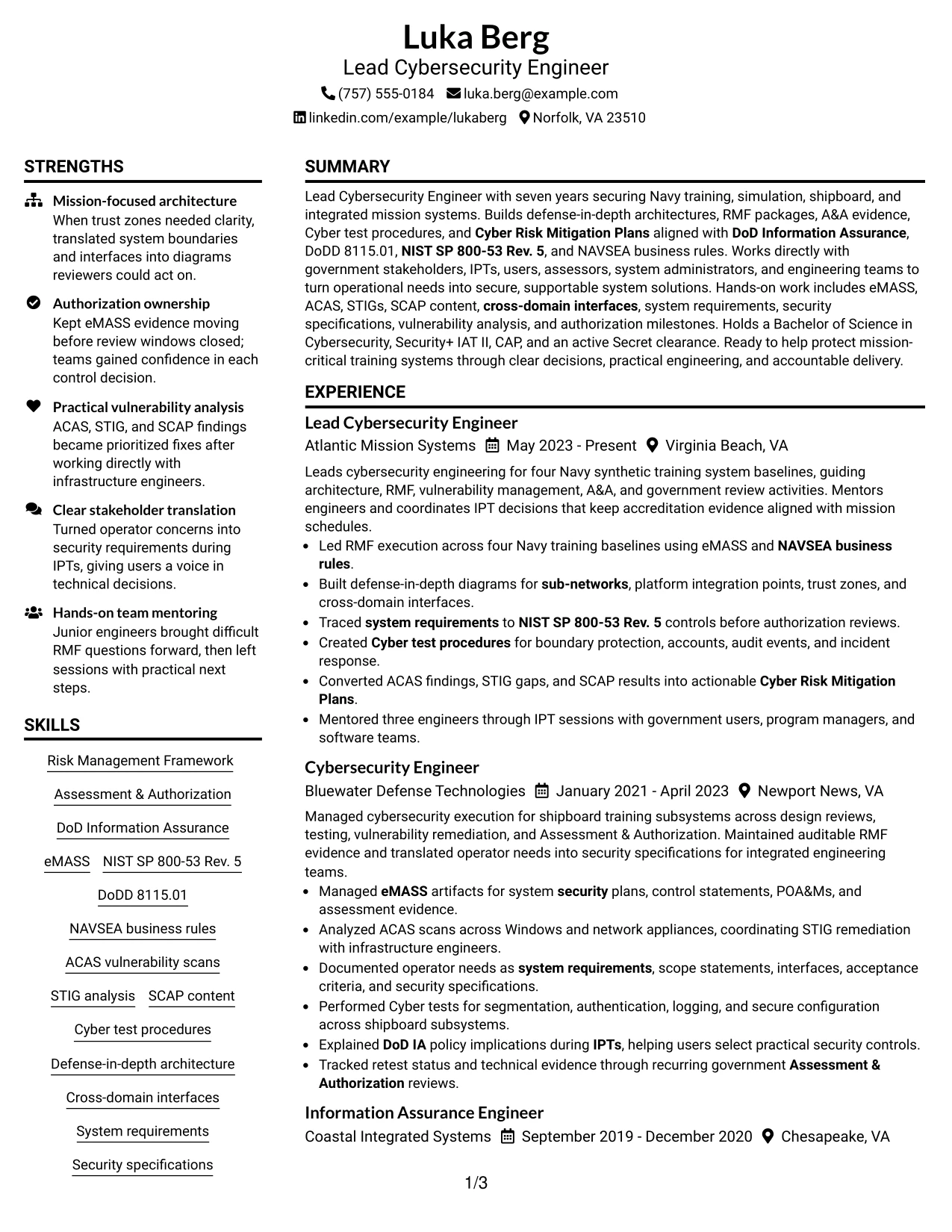 Resume Example Page 1