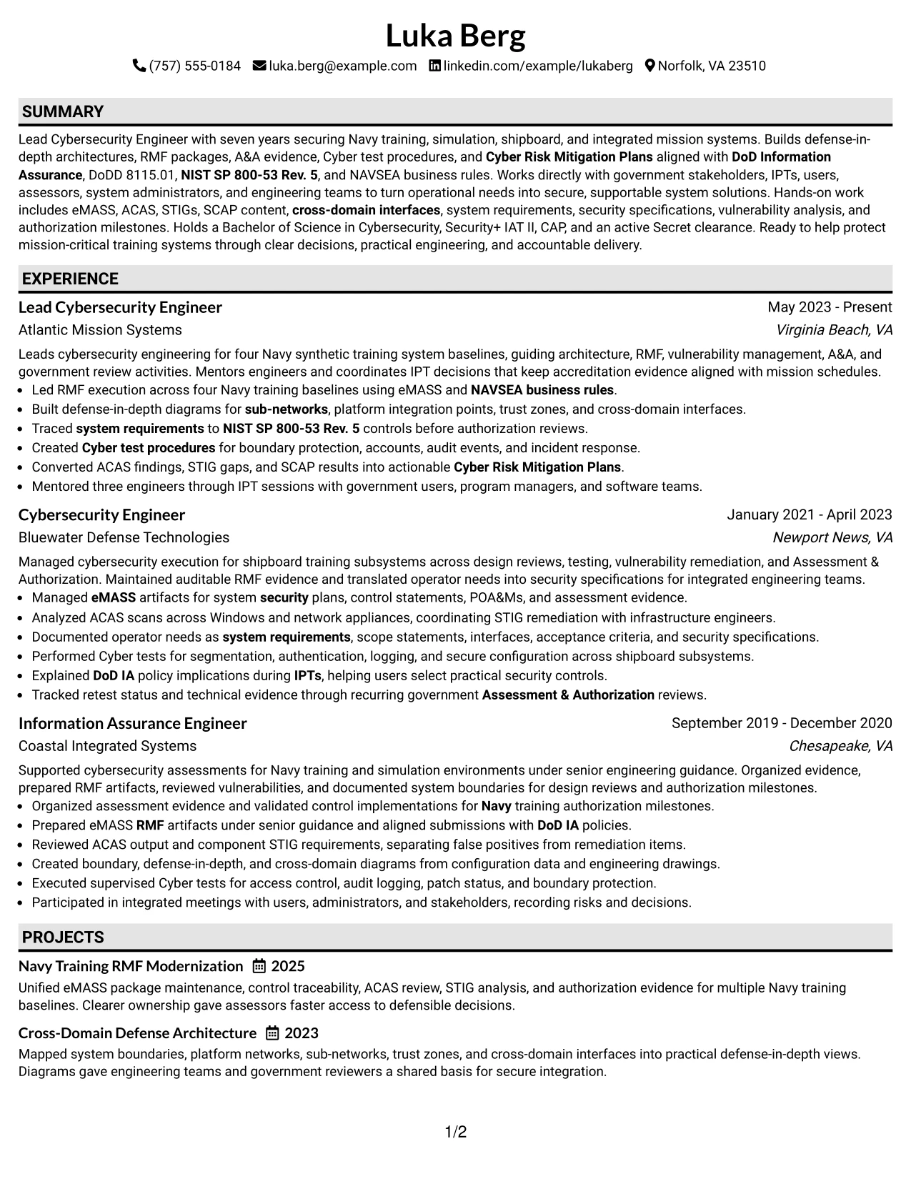 Resume Example Page 1