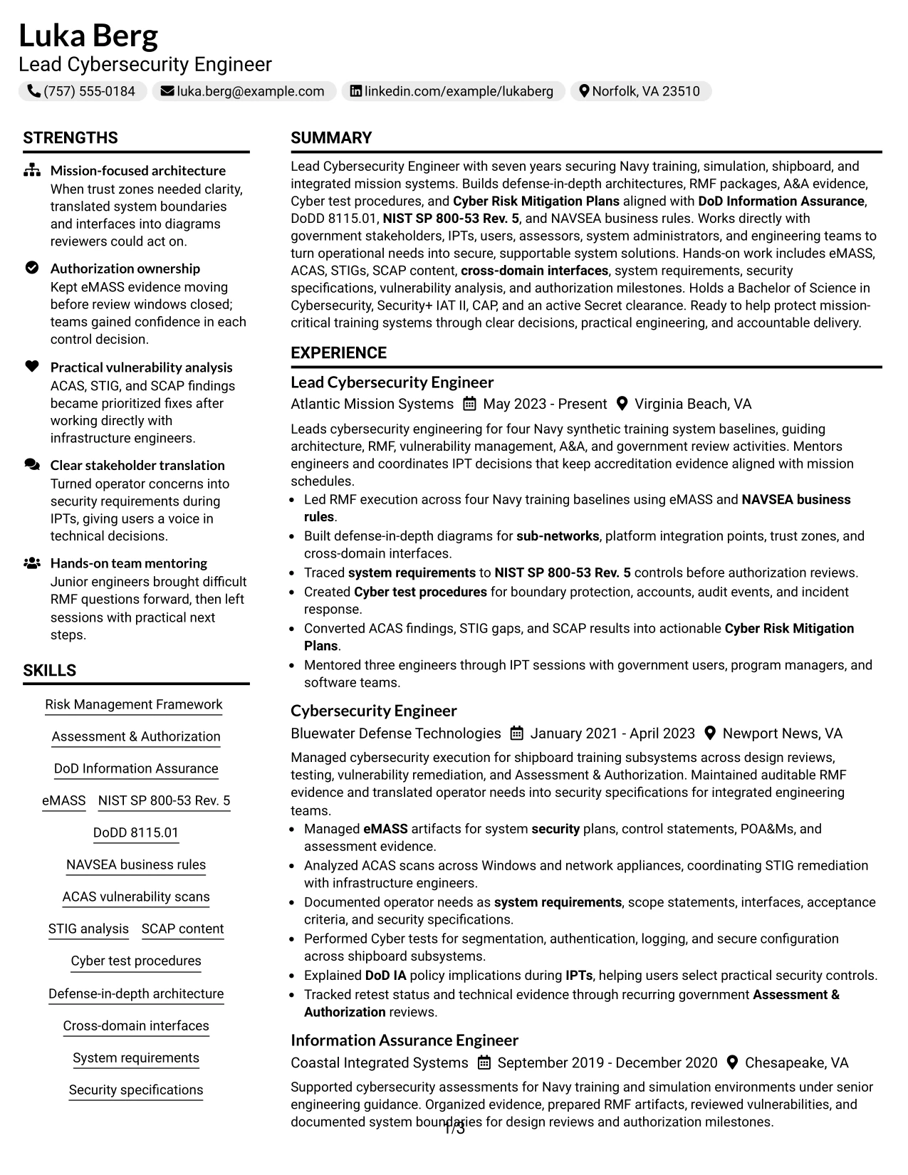 Resume Example Page 1