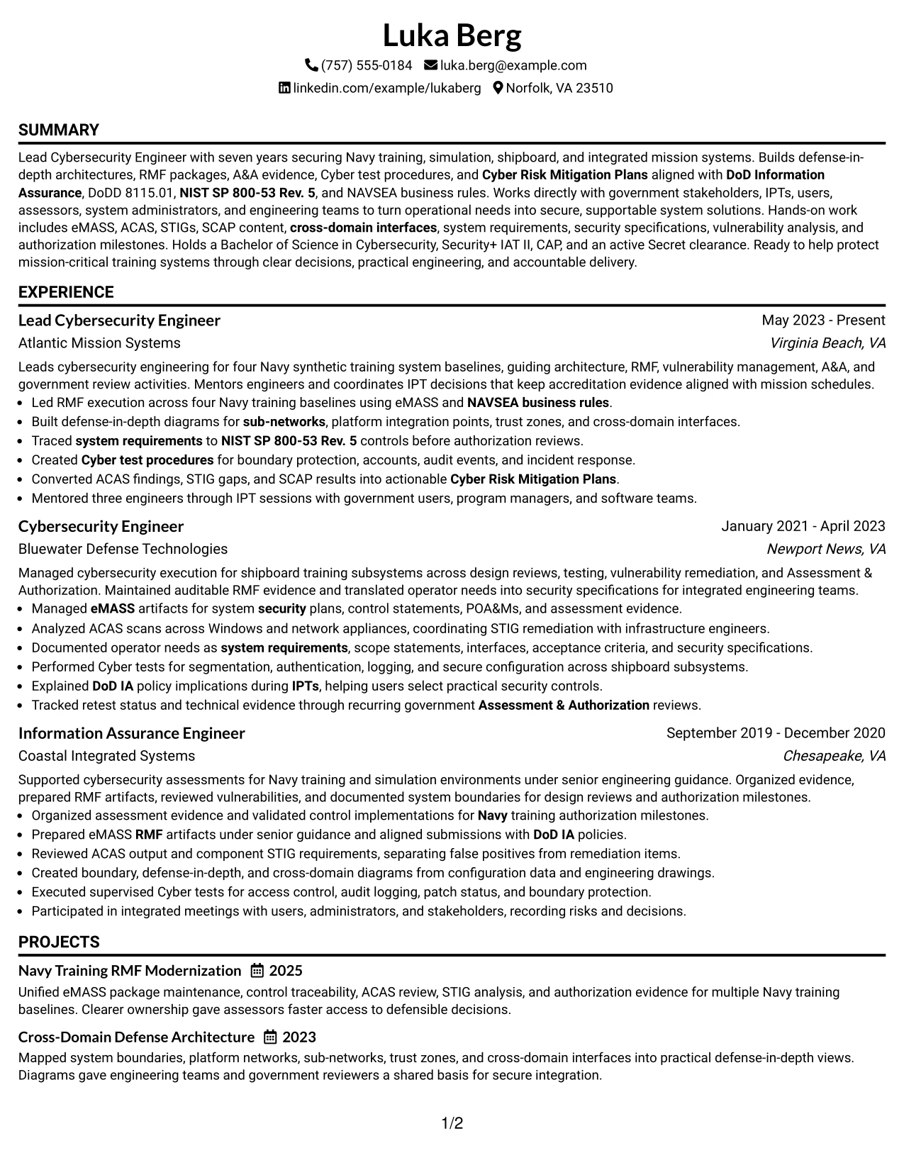 Resume Example Page 1