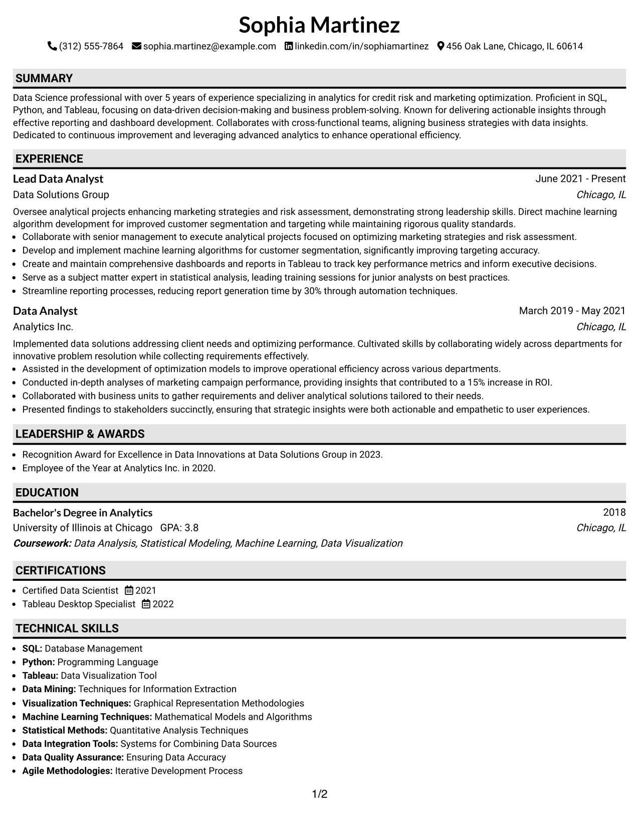 Resume Example Page 1
