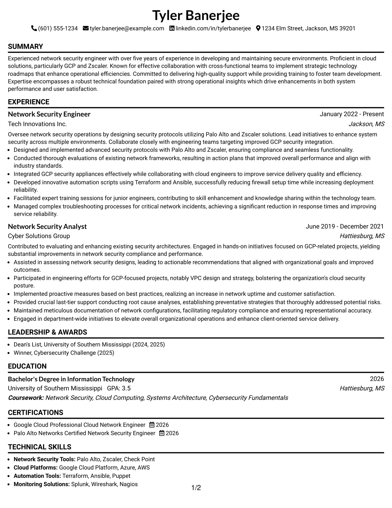 Resume Example Page 1