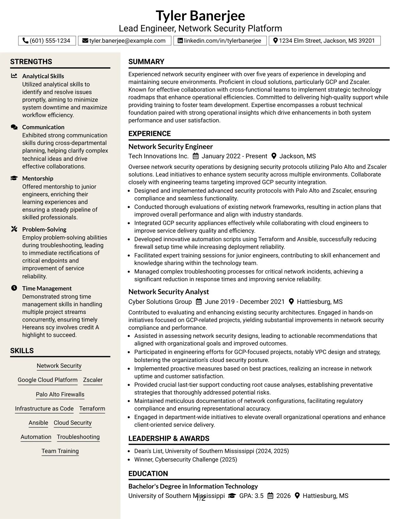 Resume Example Page 1