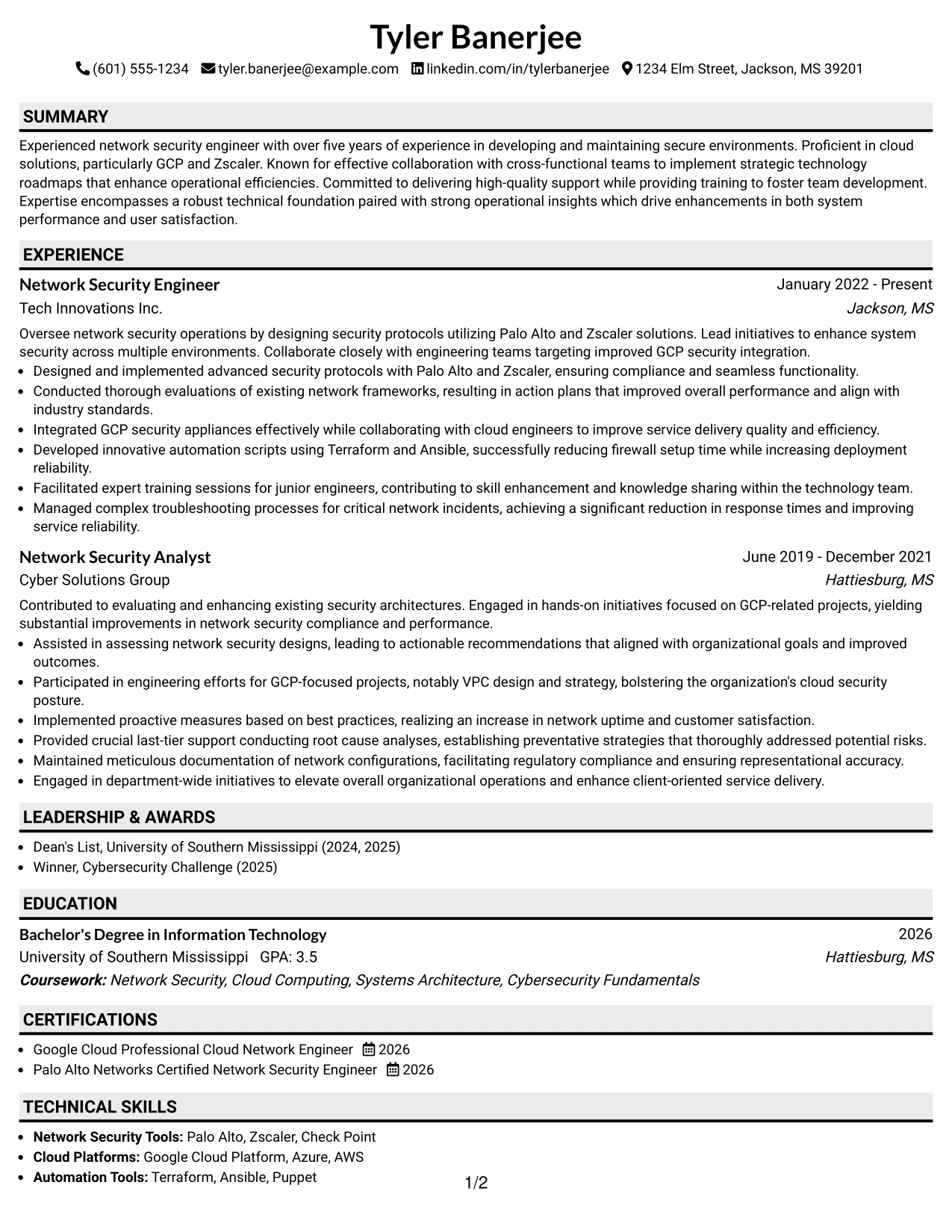 Resume Example Page 1