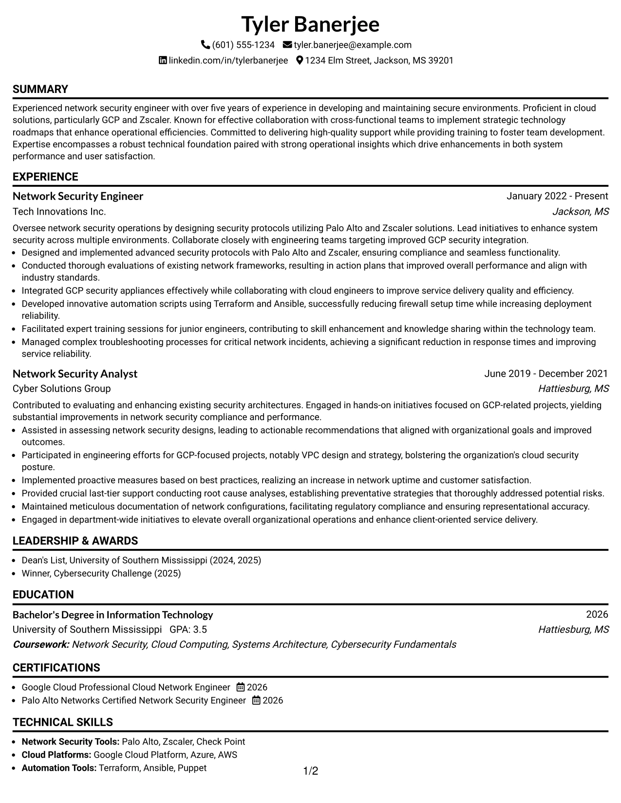 Resume Example Page 1