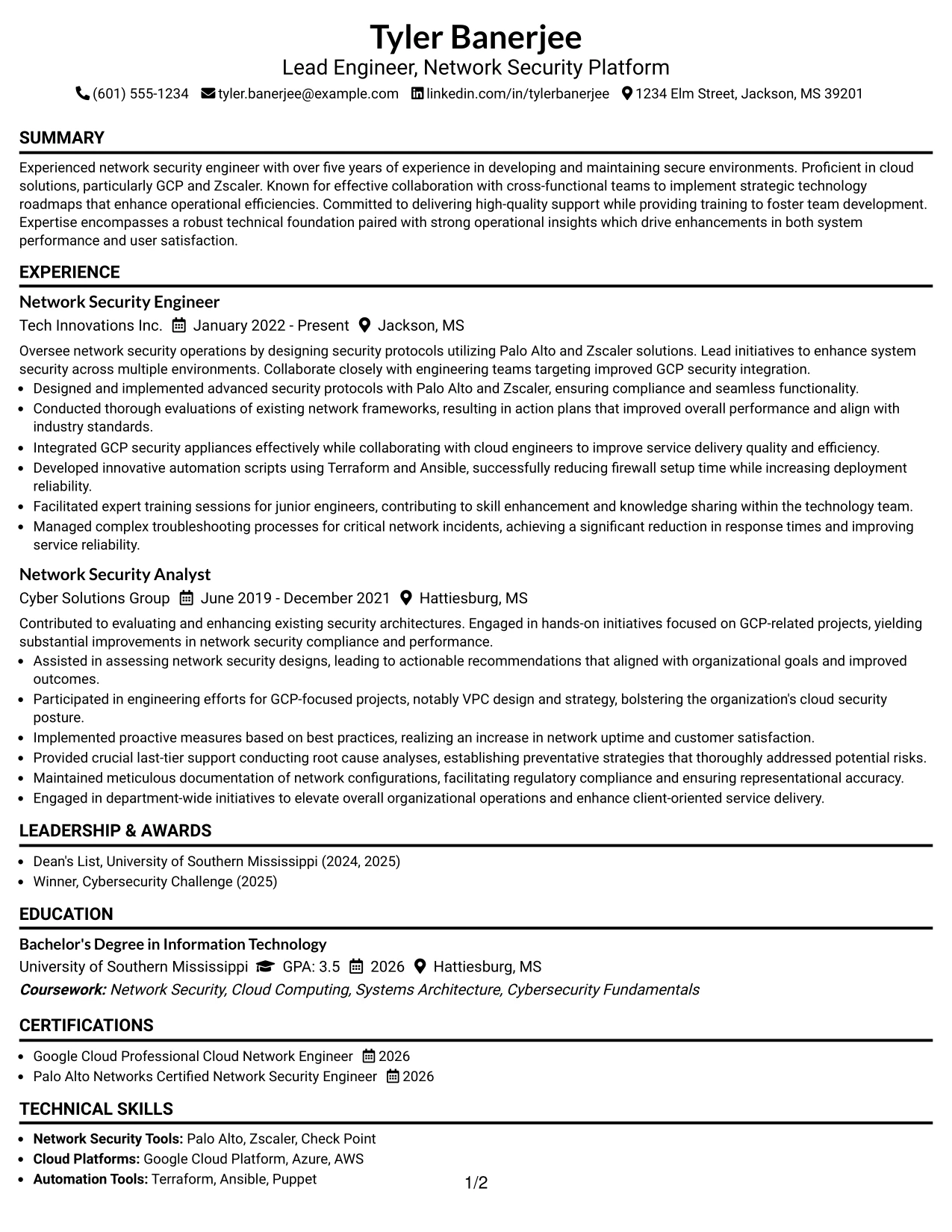Resume Example Page 1