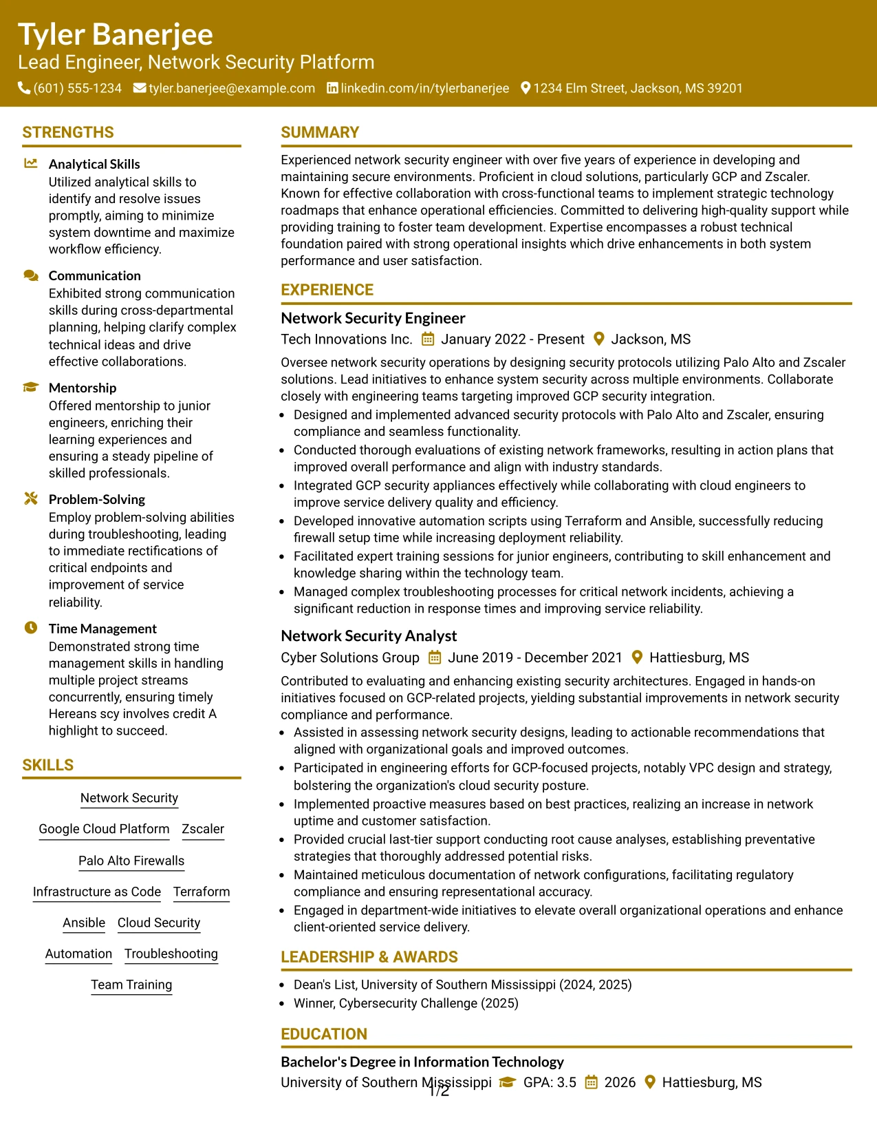 Resume Example Page 1