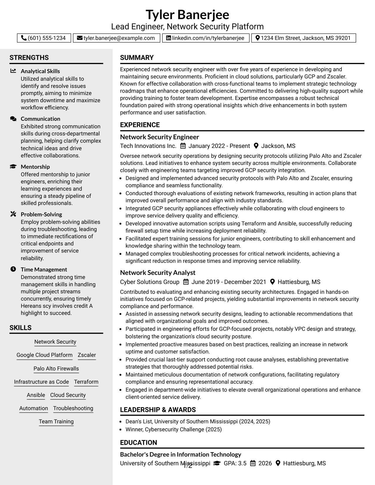 Resume Example Page 1