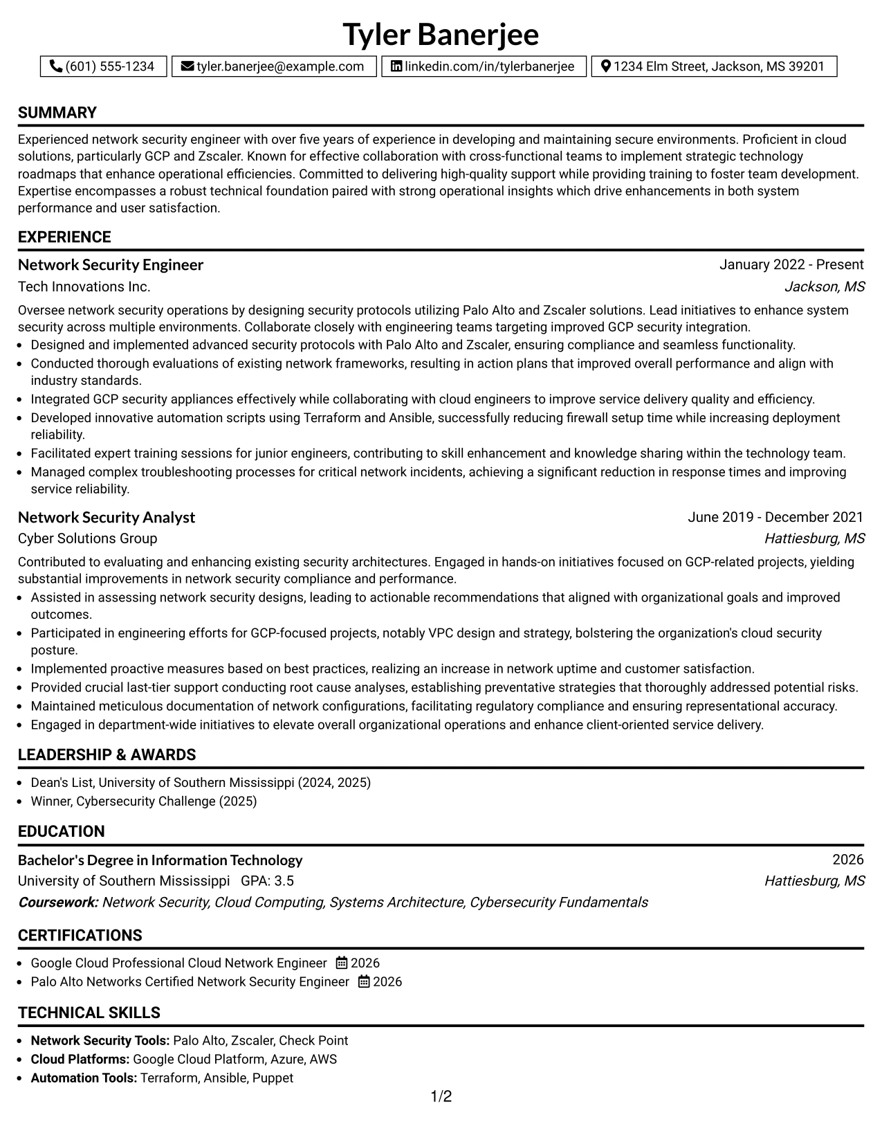 Resume Example Page 1