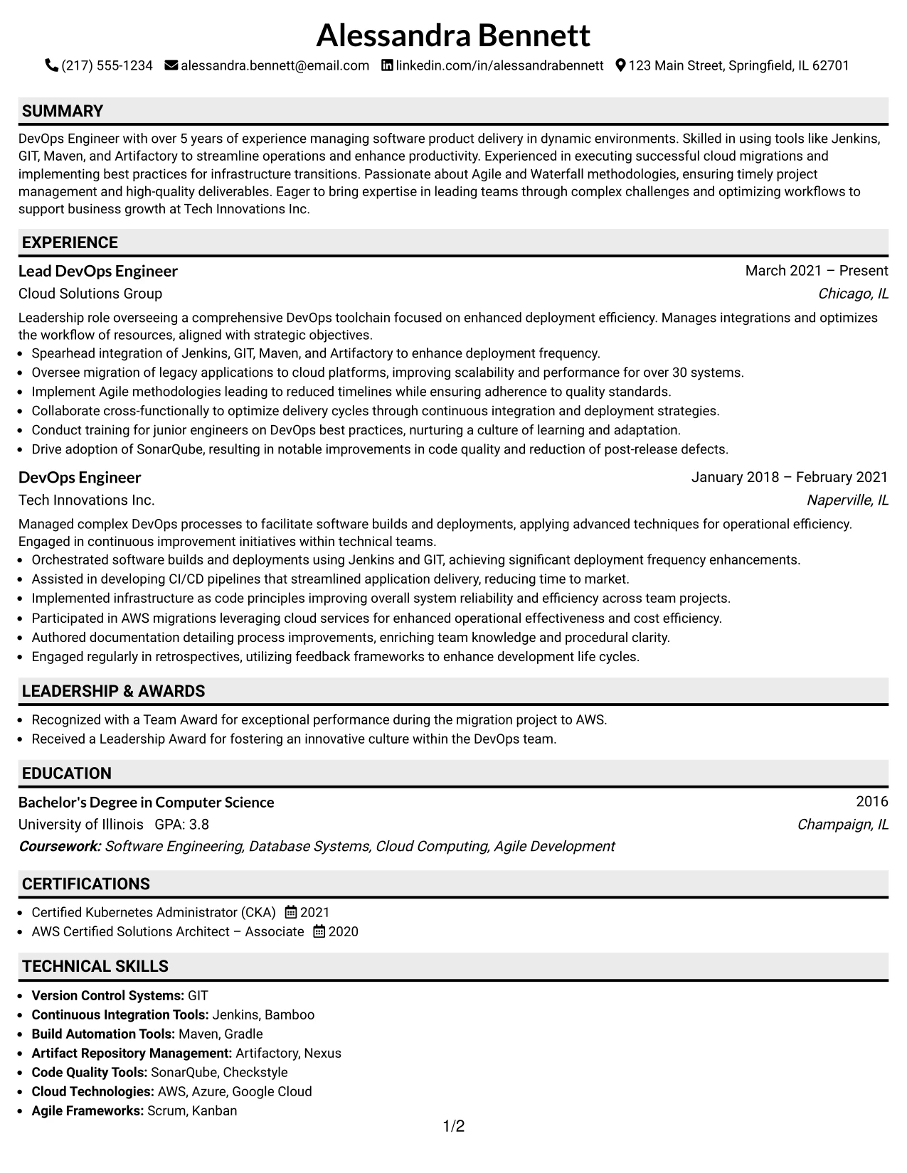 Resume Example Page 1