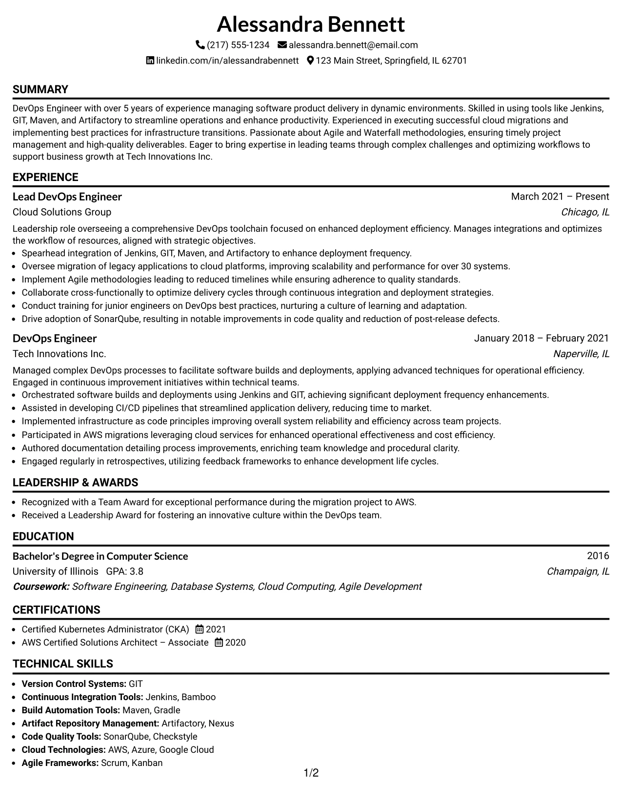Resume Example Page 1