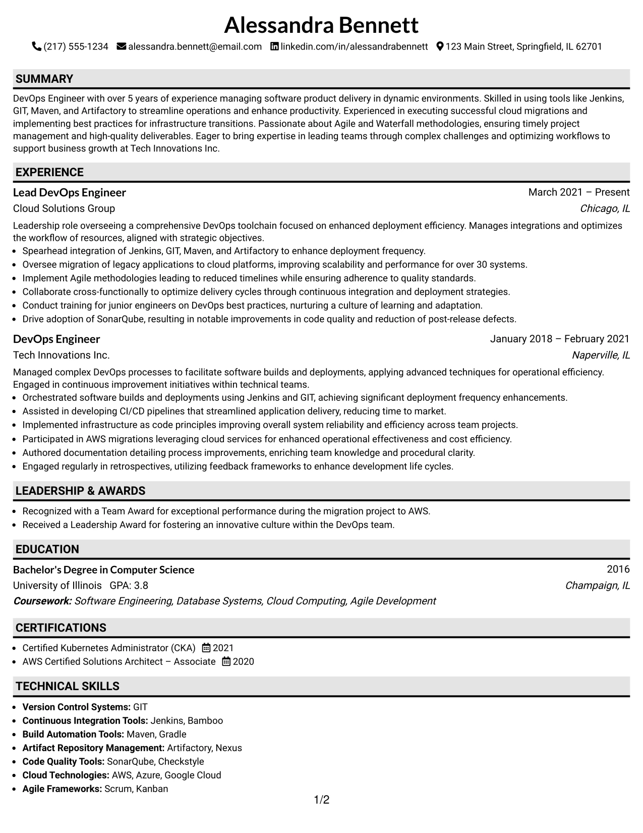 Resume Example Page 1