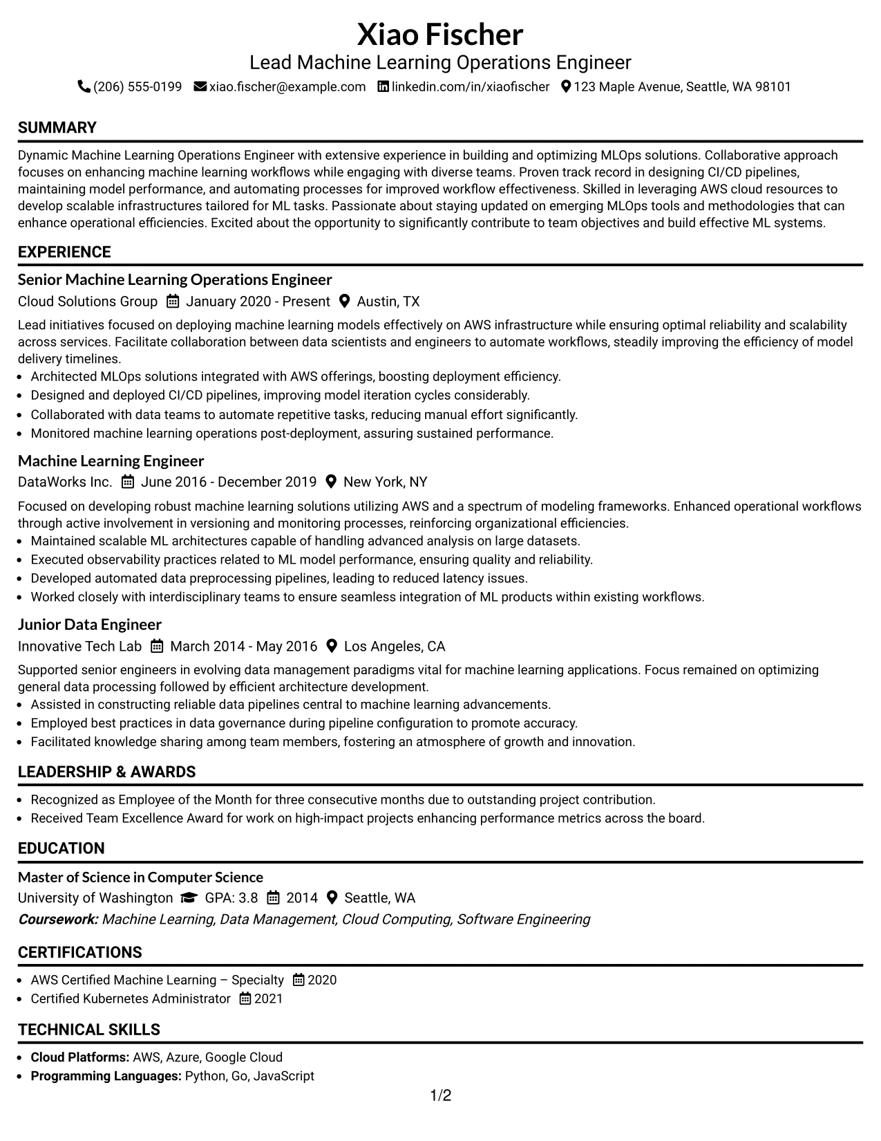 Resume Example Page 1