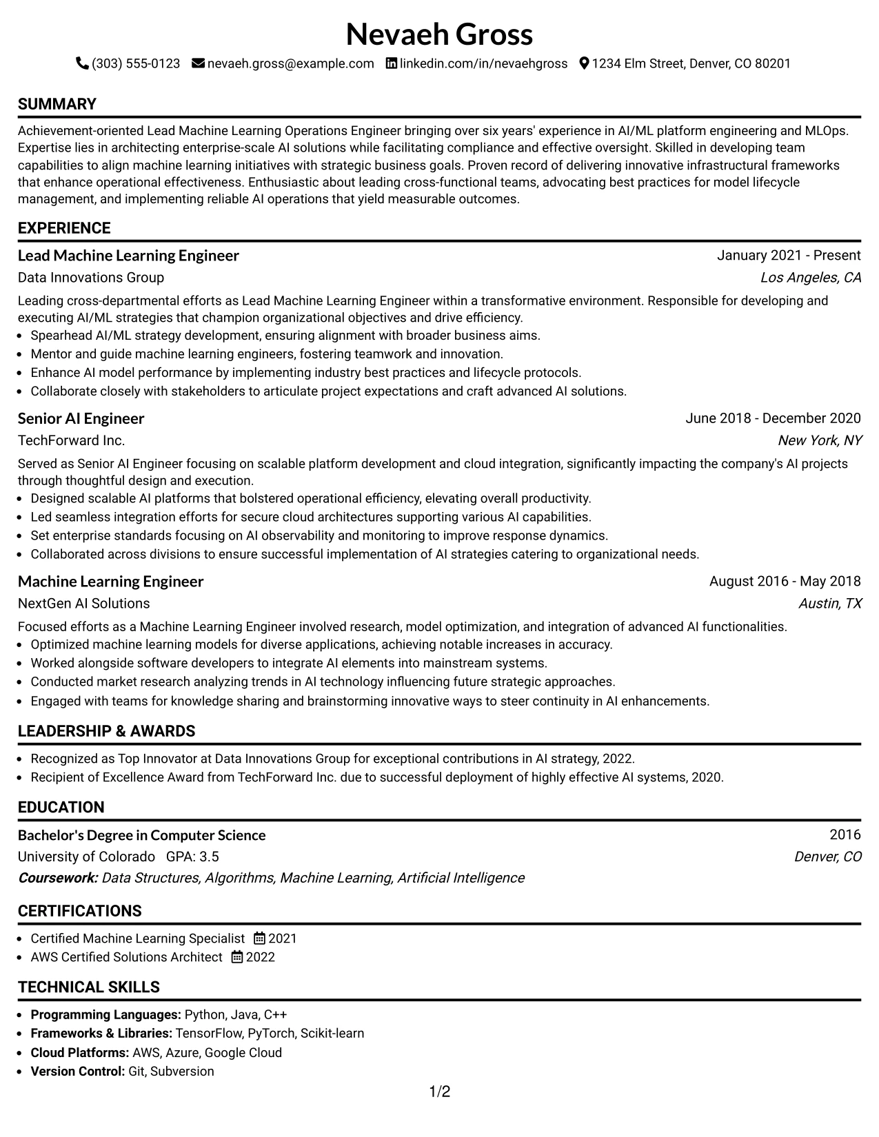 Resume Example Page 1