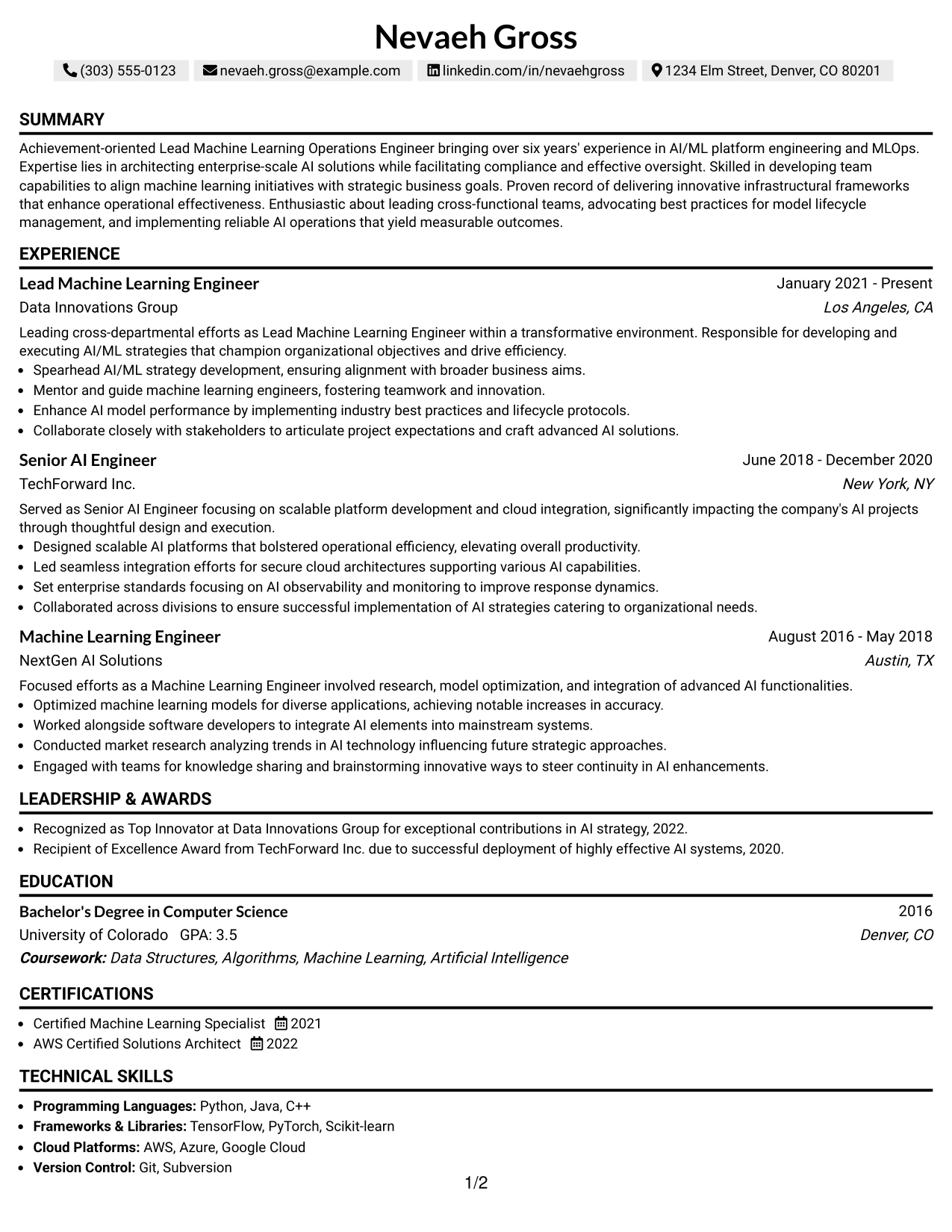 Resume Example Page 1