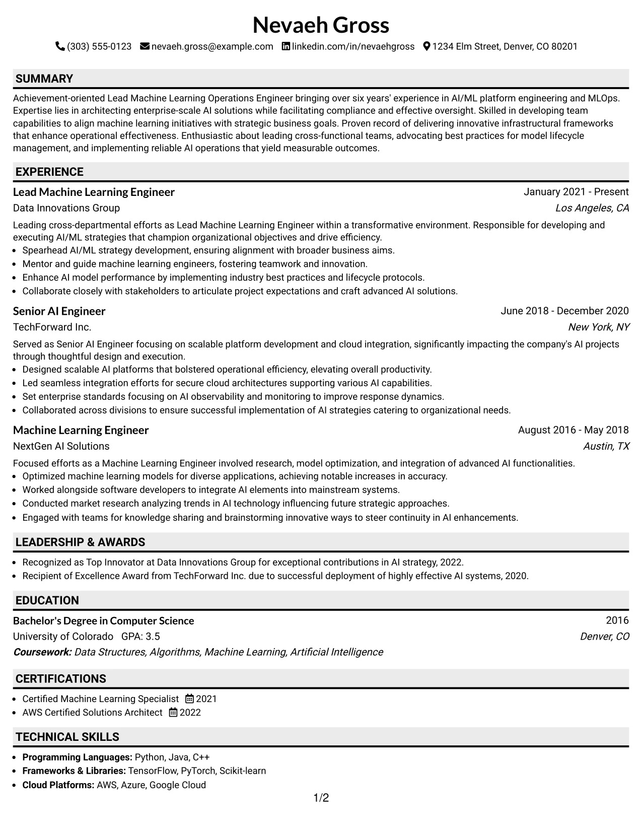 Resume Example Page 1
