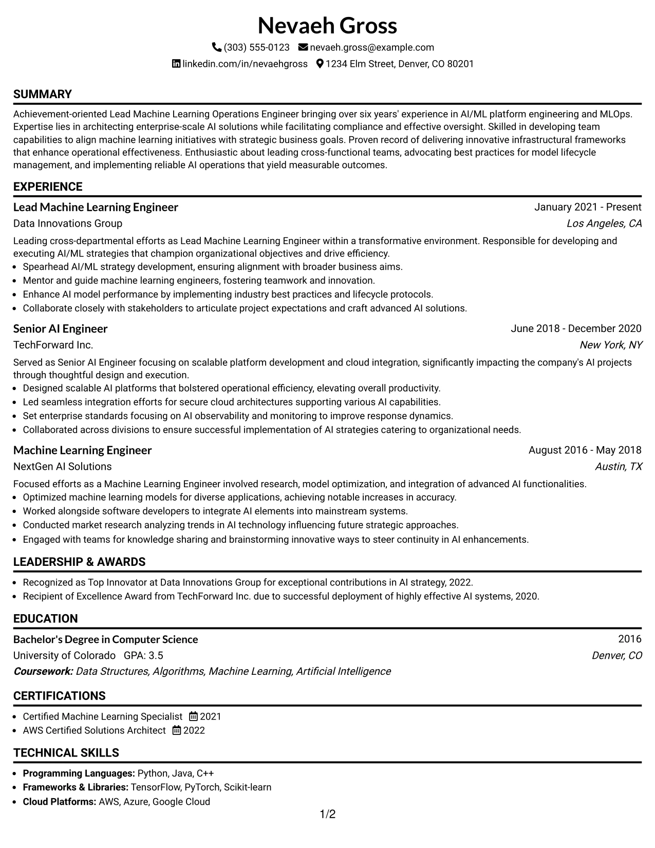 Resume Example Page 1