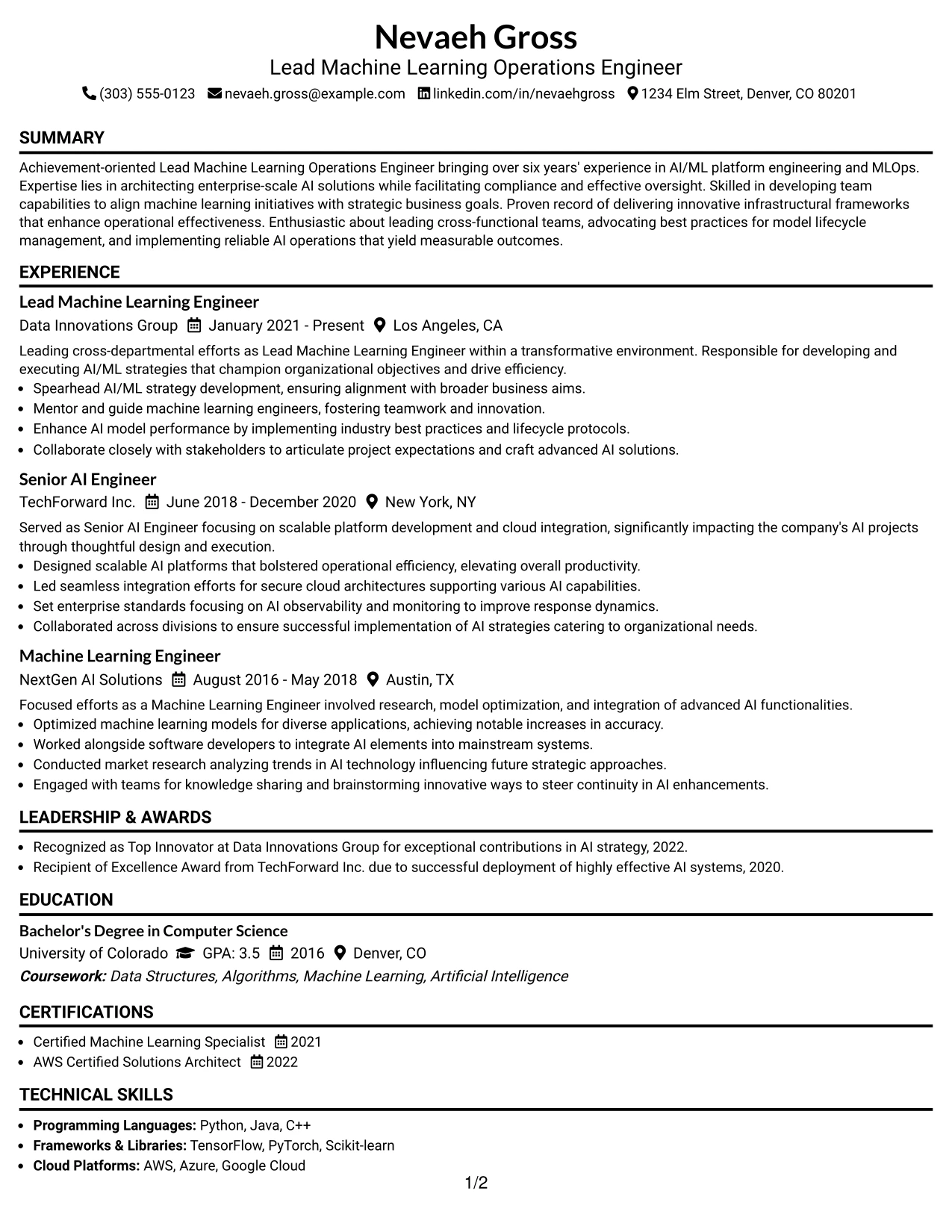 Resume Example Page 1
