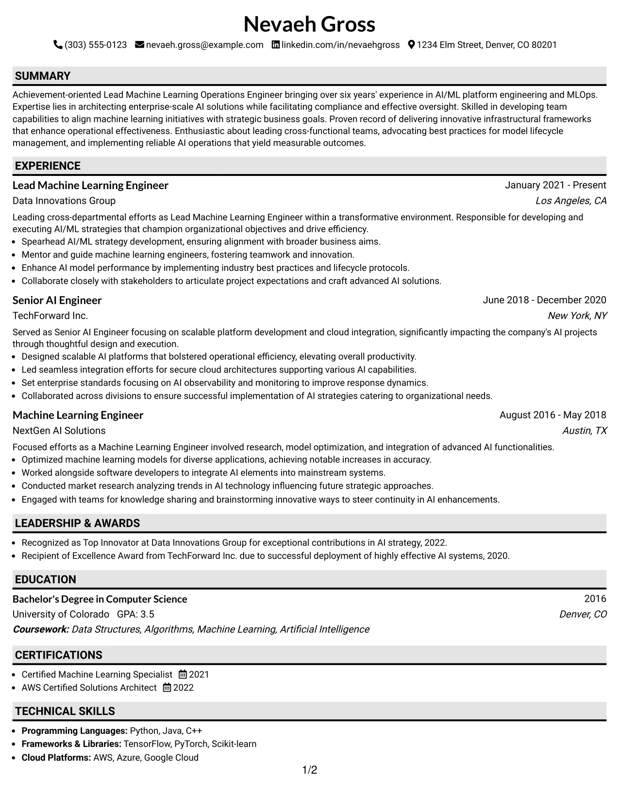 Resume Example Page 1