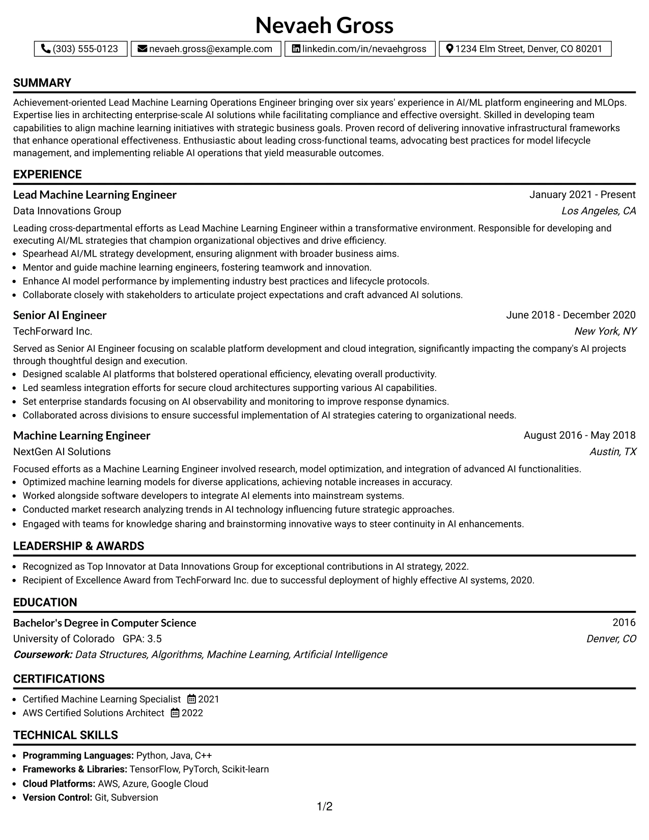 Resume Example Page 1
