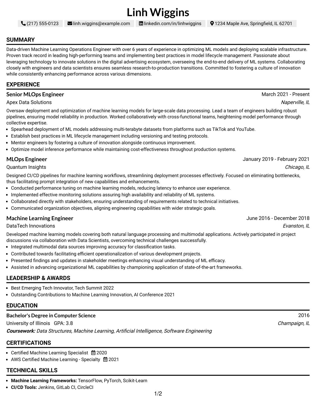 Resume Example Page 1