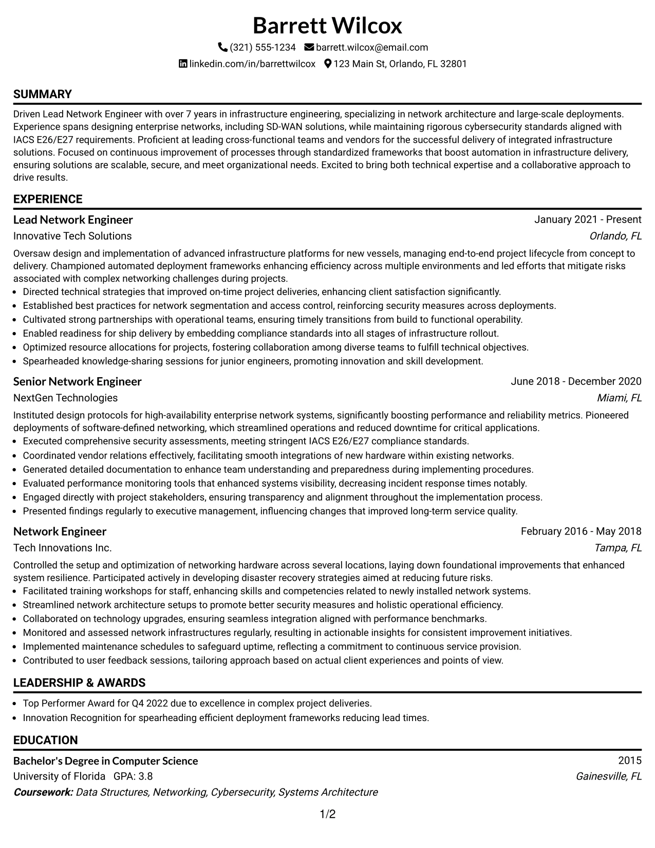 Resume Example Page 1
