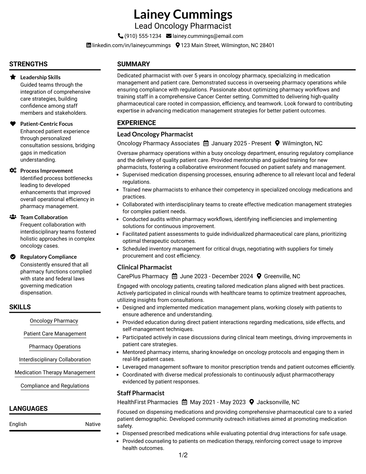 Resume Example Page 1