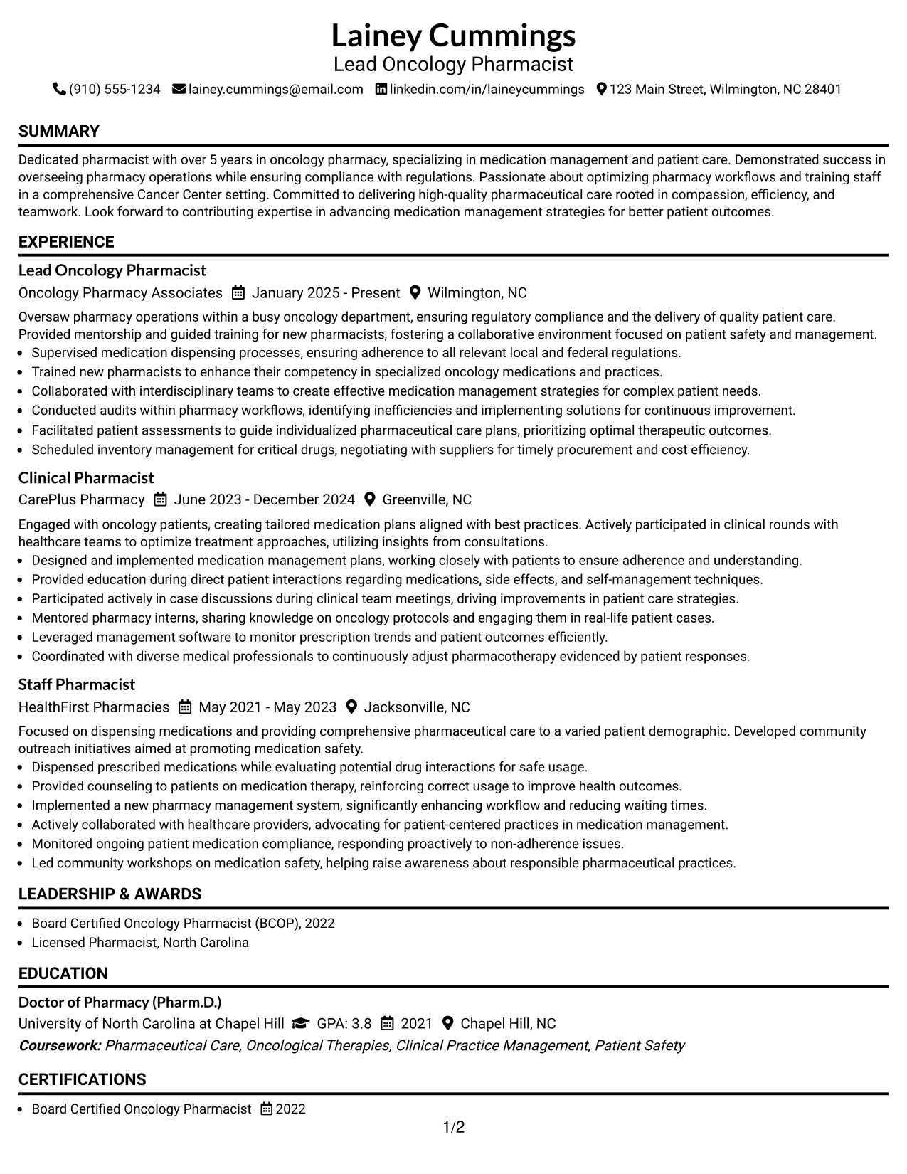Resume Example Page 1