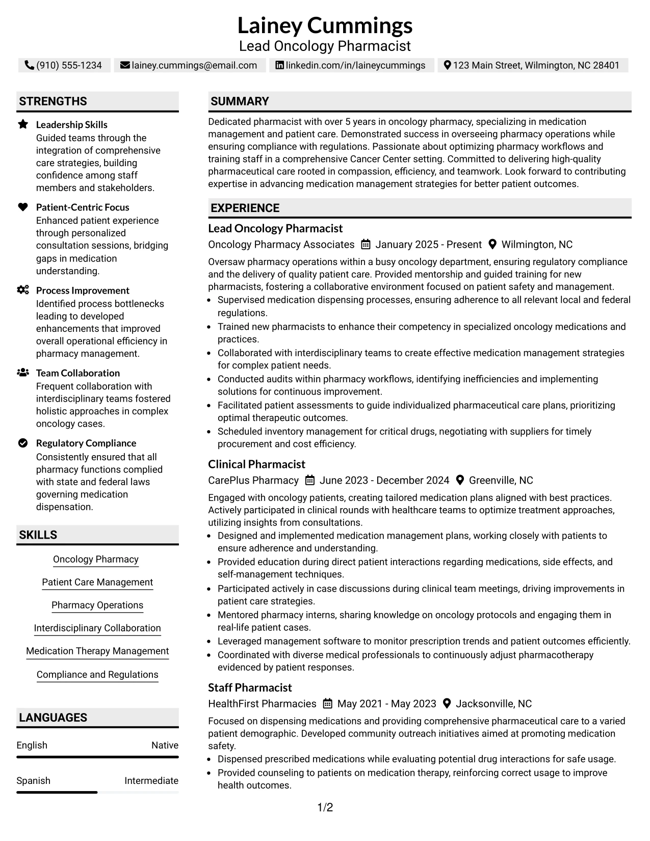 Resume Example Page 1