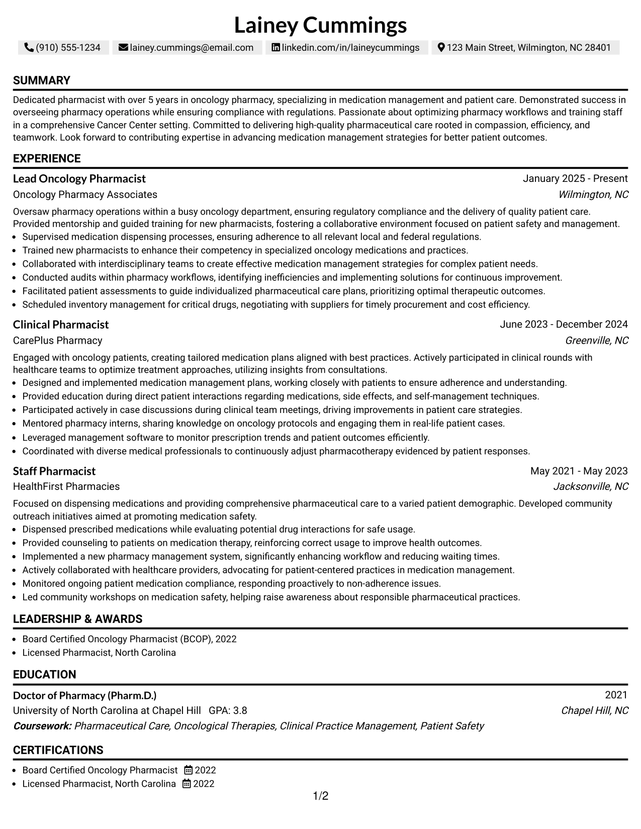 Resume Example Page 1