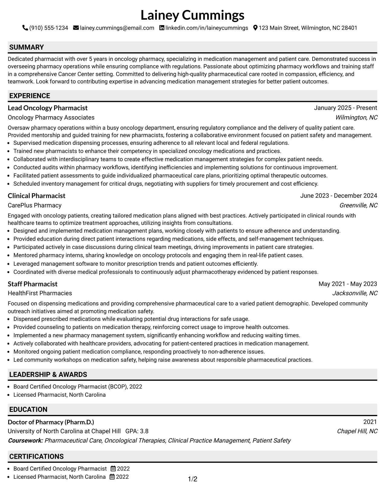 Resume Example Page 1