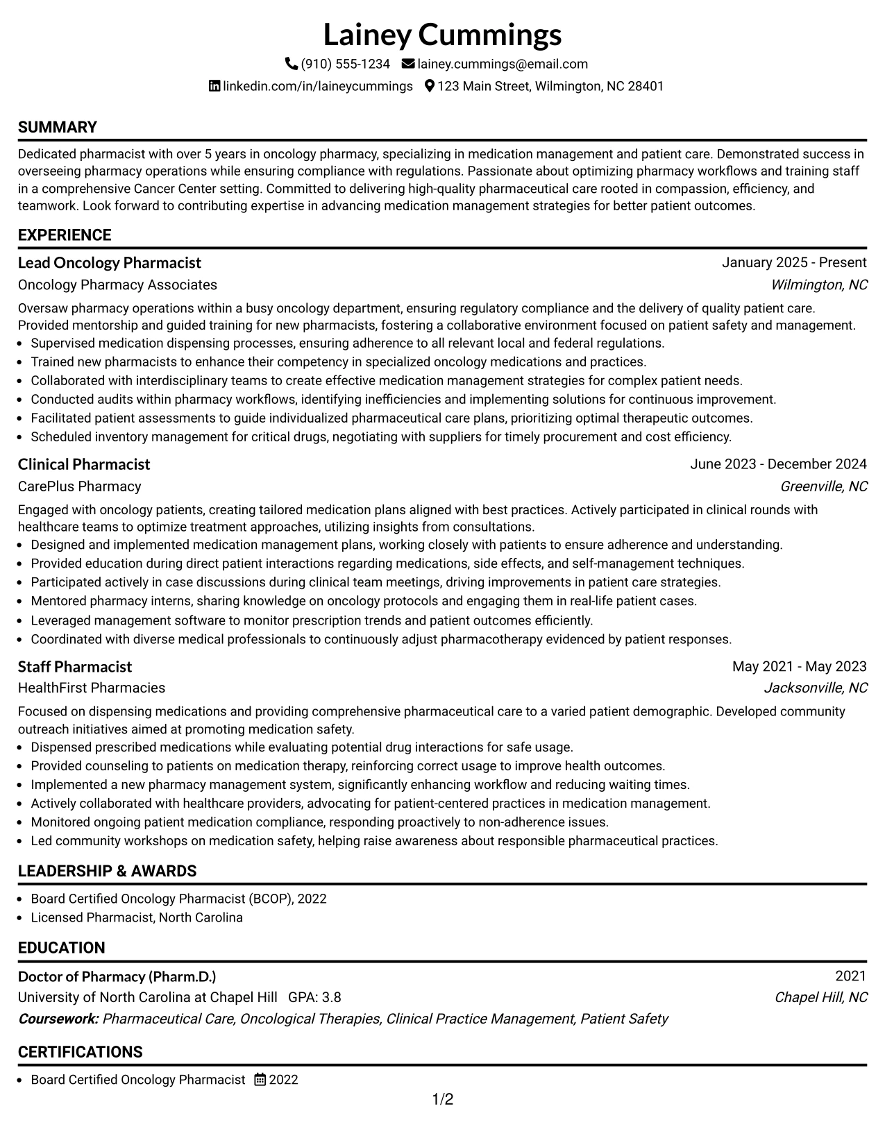 Resume Example Page 1