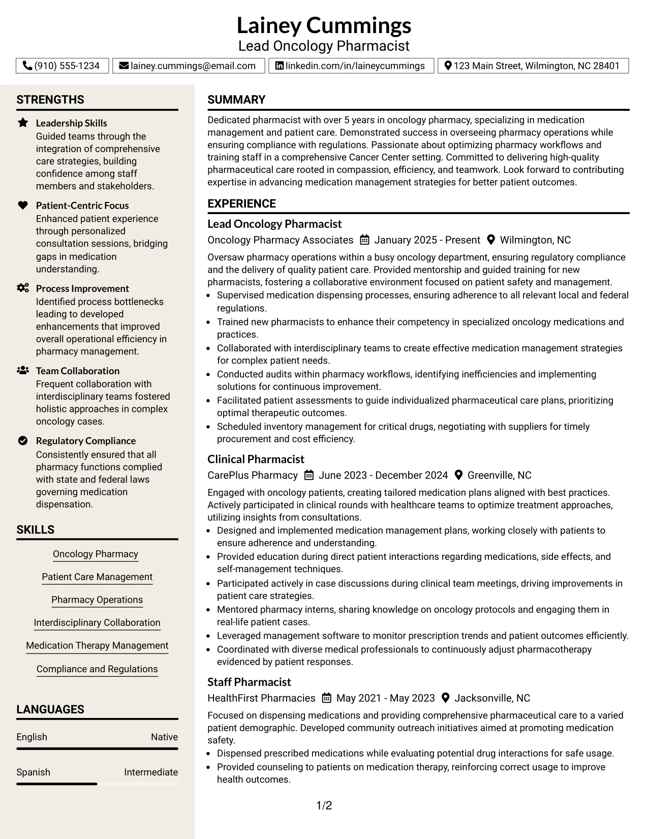 Resume Example Page 1