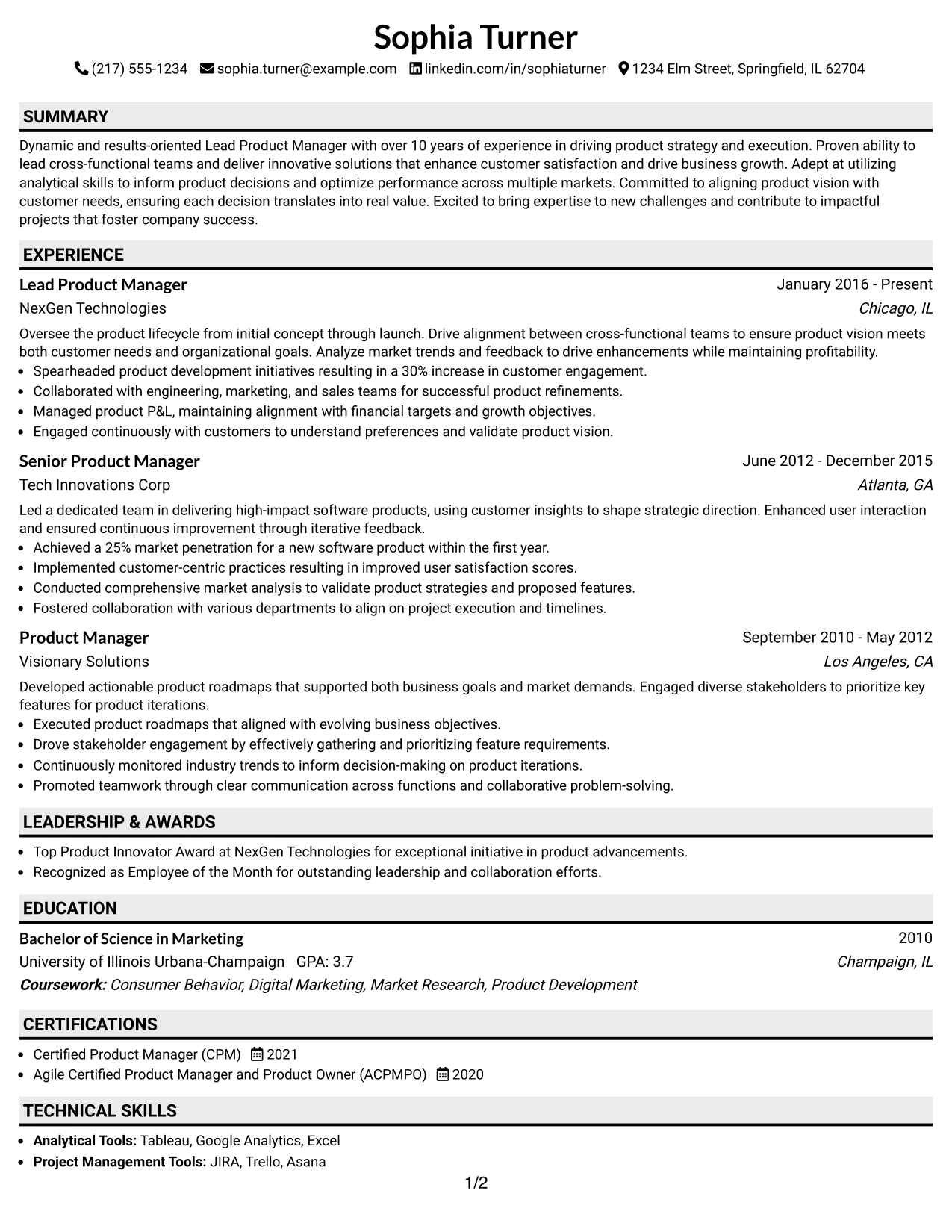 Resume Example Page 1
