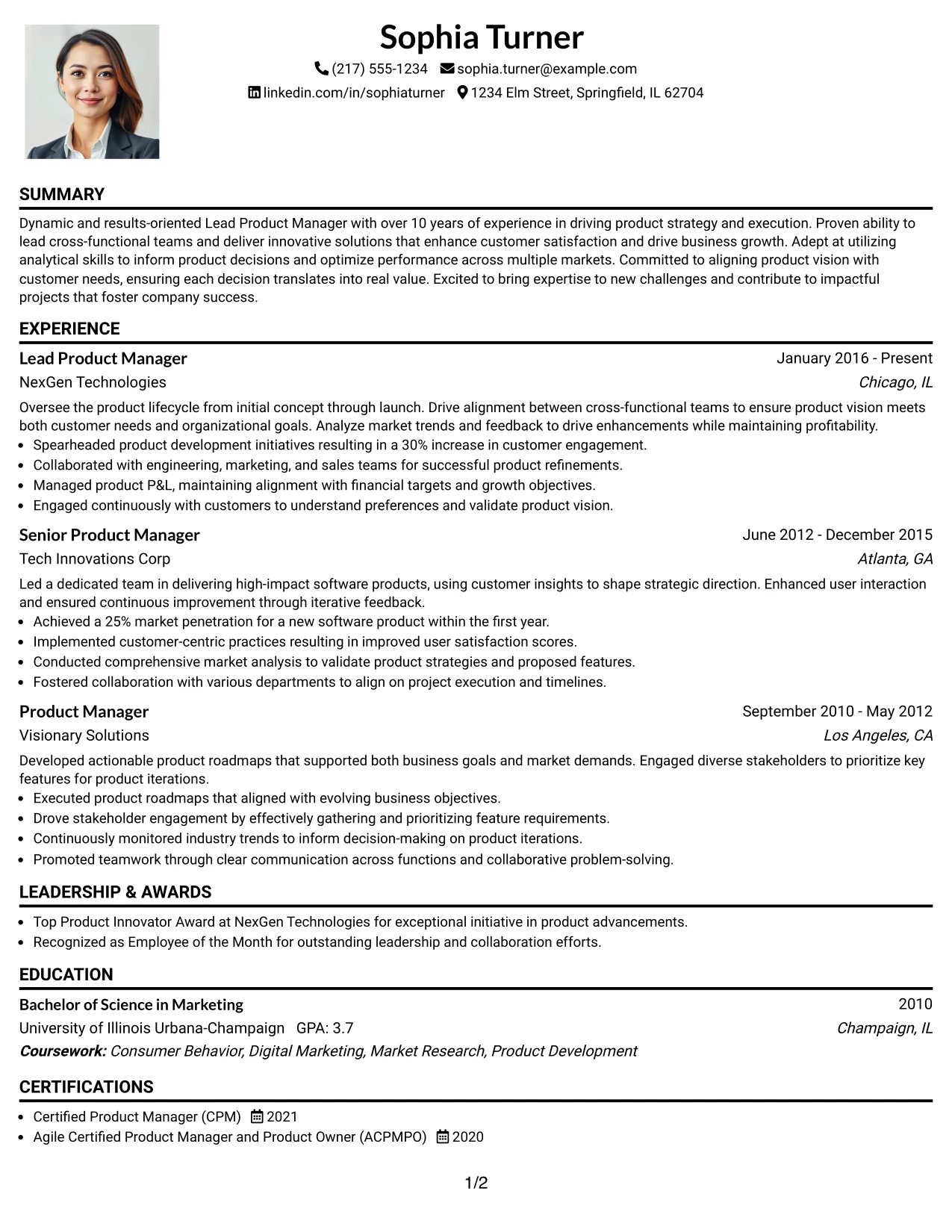 Resume Example Page 1