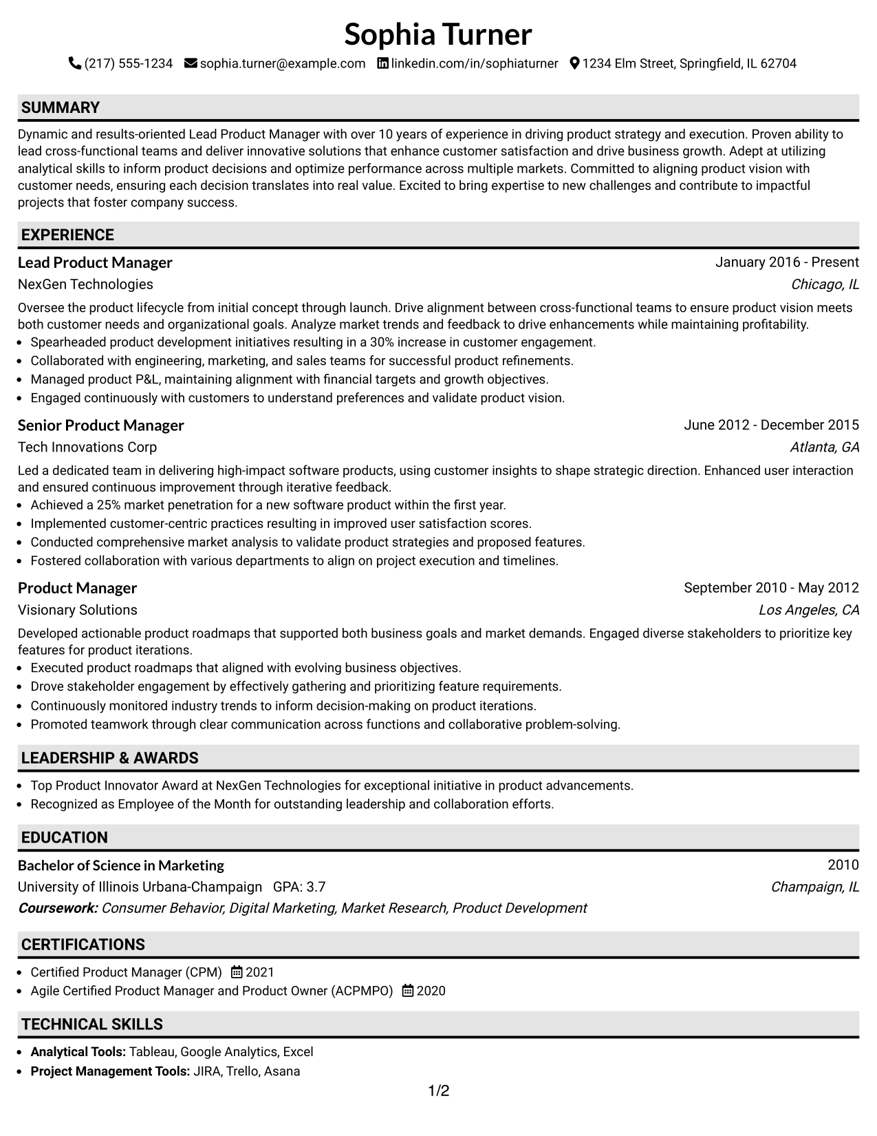 Resume Example Page 1