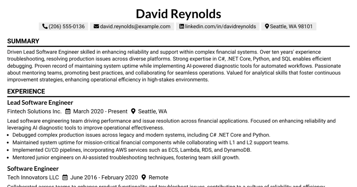 33 Lead Software Engineer AI Driven Reliability and Support Resume ...